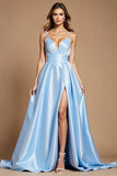 Sky Blue Spaghetti Straps A Line Maxi Prom Dress with Slit