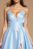 Sky Blue Spaghetti Straps A Line Maxi Prom Dress with Slit
