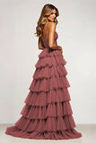 Desert Rose Tulle Maxi Tiered Ball Gown Prom Dress with Ruffles