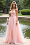 Pink Chiffon Spaghetti Straps Maxi A Line Prom Dress with Lace