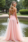 Pink Chiffon Spaghetti Straps Maxi A Line Prom Dress with Lace