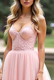 Pink Chiffon Spaghetti Straps Maxi A Line Prom Dress with Lace
