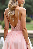 Pink Chiffon Spaghetti Straps Maxi A Line Prom Dress with Lace