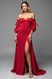 Red Satin Puff Sleeves Sweetheart Maxi A Line Prom Dress with Slit