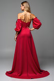 Red Satin Puff Sleeves Sweetheart Maxi A Line Prom Dress with Slit