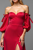 Red Satin Puff Sleeves Sweetheart Maxi A Line Prom Dress with Slit