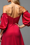 Red Satin Puff Sleeves Sweetheart Maxi A Line Prom Dress with Slit