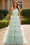 Mint Green One Shoulder Maxi A Line Prom Dress with Ruffles