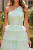 Mint Green One Shoulder Maxi A Line Prom Dress with Ruffles