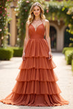 Terracotta Tiered A Line Maxi Prom Dress with Ruffles