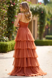 Terracotta Tiered A Line Maxi Prom Dress with Ruffles