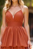 Terracotta Tiered A Line Maxi Prom Dress with Ruffles