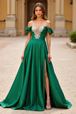 Sparkly Dark Green Off the Shoulder Maxi A Line Prom Dress with Rhinestones