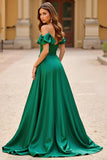 Sparkly Dark Green Off the Shoulder Maxi A Line Prom Dress with Rhinestones