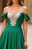 Sparkly Dark Green Off the Shoulder Maxi A Line Prom Dress with Rhinestones