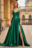 Dark Green Spaghetti Straps Maxi A Line Prom Dress with Slit