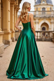 Dark Green Spaghetti Straps Maxi A Line Prom Dress with Slit