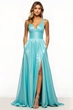 Slate Blue Satin V-Neck Maxi A Line Prom Dress with Pockets