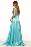 Slate Blue Satin V-Neck Maxi A Line Prom Dress with Pockets