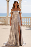 Silver Metallic Off the Shoulder Pleated A Line Maxi Prom Dress