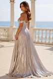 Silver Metallic Off the Shoulder Pleated A Line Maxi Prom Dress