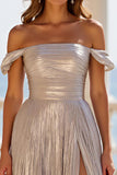 Silver Metallic Off the Shoulder Pleated A Line Maxi Prom Dress