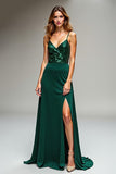 Sparkly Dark Green Spaghetti Straps Maxi Formal Dress with Sequins