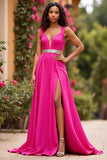 Fuchsia Sparkly V-Neck Satin Maxi A Line Prom Dress with Slit