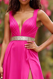Fuchsia Sparkly V-Neck Satin Maxi A Line Prom Dress with Slit