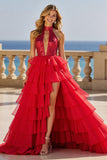Sparkly Red High Neck Maxi Bow Gown Prom Dress with Sequins