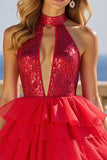 Sparkly Red High Neck Maxi Bow Gown Prom Dress with Sequins