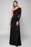 Simple Black One Shoulder Satin Maxi Sheath Formal Dress