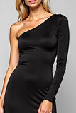 Simple Black One Shoulder Satin Maxi Sheath Formal Dress