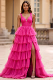Fuchsia Tulle V-Neck Maxi Ball Gown Tiered Prom Dress with Ruffles