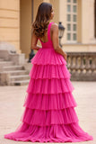 Fuchsia Tulle V-Neck Maxi Ball Gown Tiered Prom Dress with Ruffles