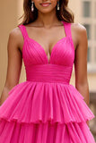 Fuchsia Tulle V-Neck Maxi Ball Gown Tiered Prom Dress with Ruffles
