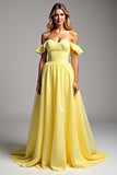 Light Yellow Chiffon A Line Long Prom Dress with Ruffles