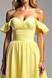 Light Yellow Chiffon A Line Long Prom Dress with Ruffles