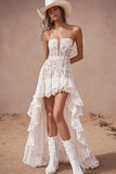 White Lace Strapless Boho High Low Dress with Ruffles
