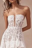 White Lace Strapless Boho High Low Dress with Ruffles