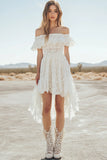 Lace White Off the Shoulder High Low  A Line Boho Dress