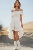 Cute Lace White Cold Shoulder High Low  A Line Boho Dress