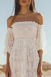 Lace White Sheath Half Sleeves Asymmetrical Boho Dress