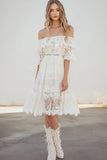 Lace White A Line Half Sleeves Knee Length Boho Dress with Ruffles