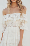 Lace White A Line Half Sleeves Knee Length Boho Dress with Ruffles