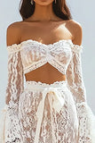 2 Piece Lace White Sheath Flare Sleeves Maxi Boho Dress with Sash
