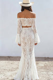 2 Piece Lace White Sheath Flare Sleeves Maxi Boho Dress with Sash