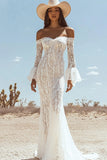 Off the Shoulder Lace White Mermaid Flare Sleeves Maxi Boho Dress