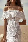 Off the Shoulder Lace White Sheath Maxi Boho Dress
