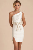 White One Shoulder Satin Short Graduation Dress with Bow